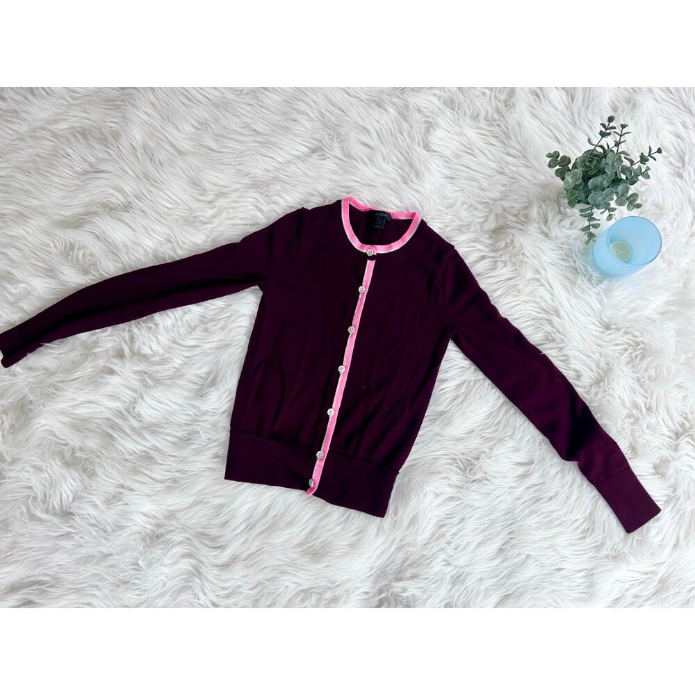J. Crew Women's Burgundy Cardigan with Pink Trim